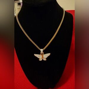Gold Butterfly Pendant Necklace with rhinestones